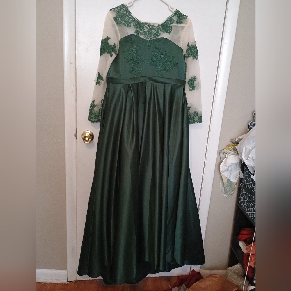 Green Satin & Mesh Gown